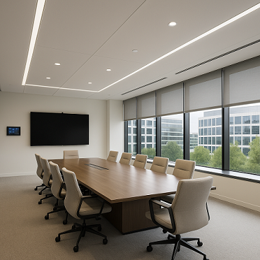 Sala de juntas con pantalla y panel táctil